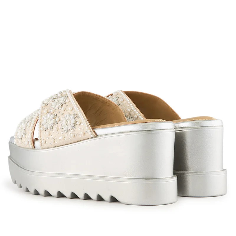 Anaar Anaar Luna Sandals – Handcrafted Raw Silk Open Sandals with Pearl Embellishments