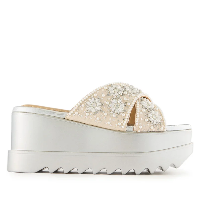 Anaar Anaar Luna Sandals – Handcrafted Raw Silk Open Sandals with Pearl Embellishments