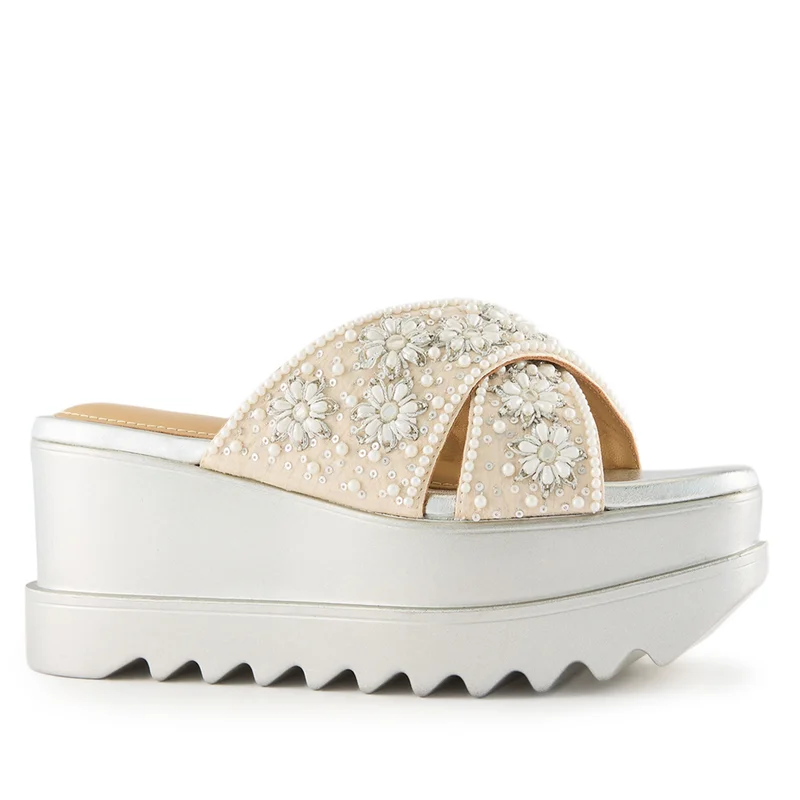 Anaar Anaar Luna Sandals – Handcrafted Raw Silk Open Sandals with Pearl Embellishments
