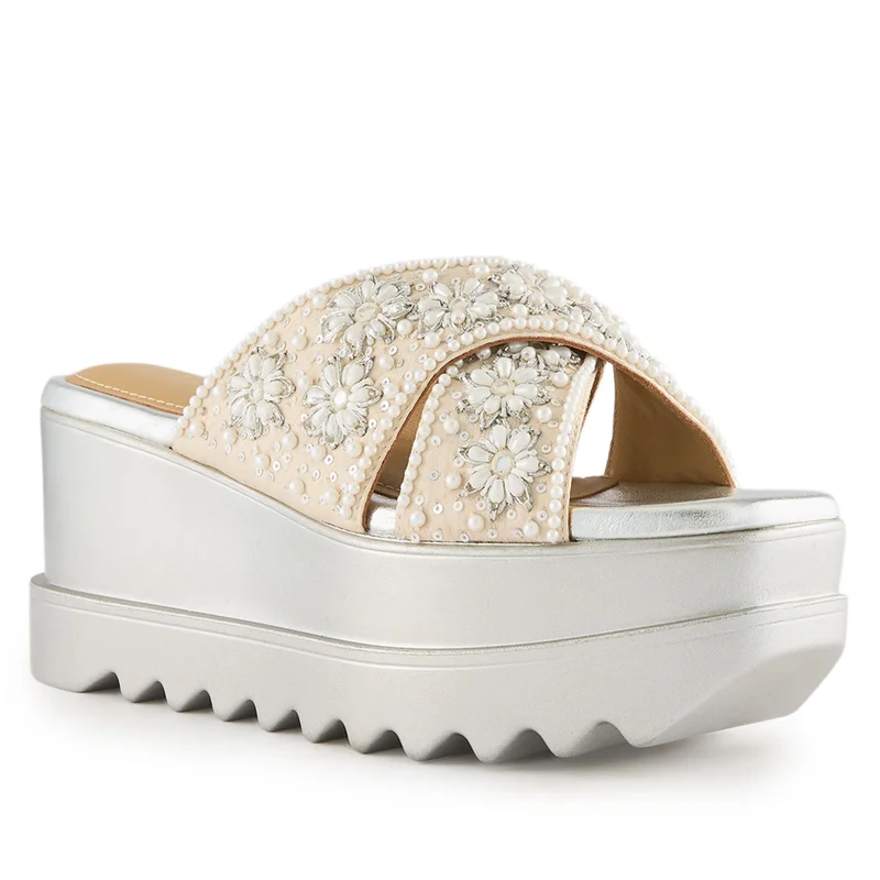 Anaar Anaar Luna Sandals – Handcrafted Raw Silk Open Sandals with Pearl Embellishments