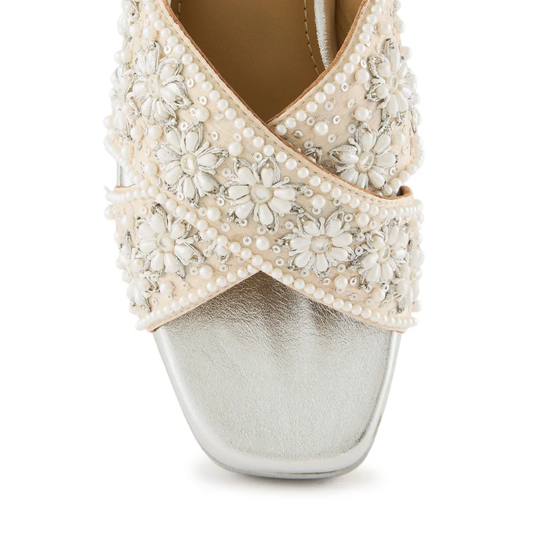 Anaar Anaar Luna Sandals – Handcrafted Raw Silk Open Sandals with Pearl Embellishments