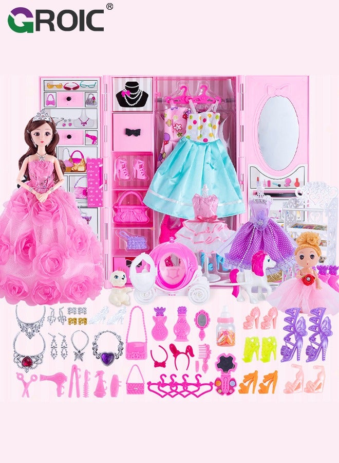 GROIC Doll Closet Wardrobe, Barbi Closet Girl Toys for Doll Clothes and Accessories Storage, Doll Clothes and Accessories Doll for Girls, Dress up Doll Toys Include Clothes Dresses, Shoes, Bags, Etc  - Image 1