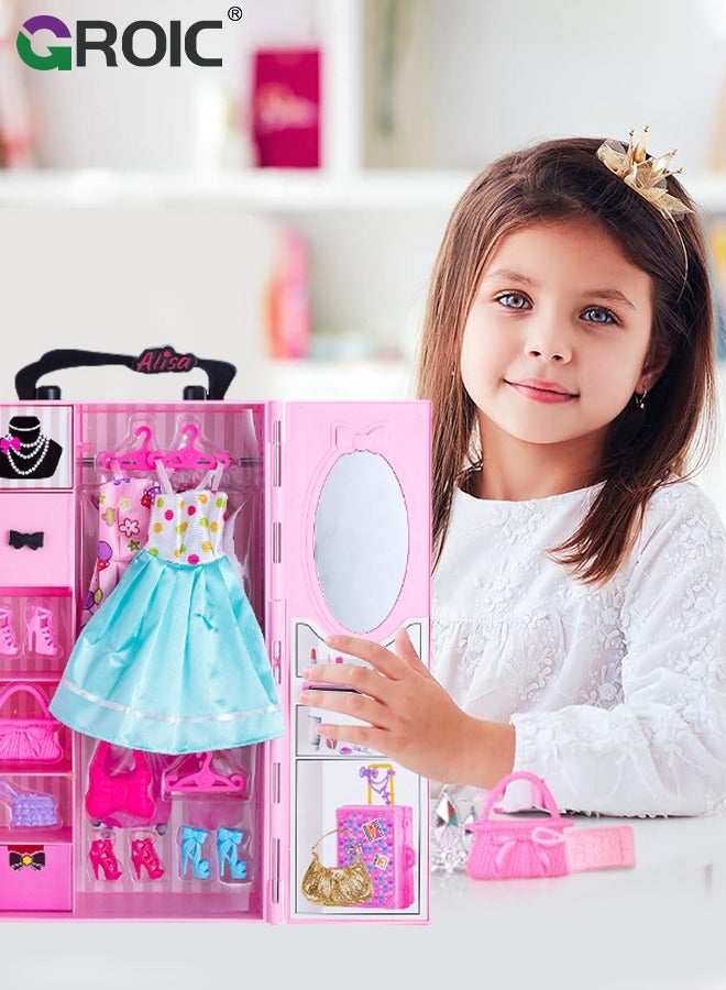 GROIC Doll Closet Wardrobe, Barbi Closet Girl Toys for Doll Clothes and Accessories Storage, Doll Clothes and Accessories Doll for Girls, Dress up Doll Toys Include Clothes Dresses, Shoes, Bags, Etc  - Image 4
