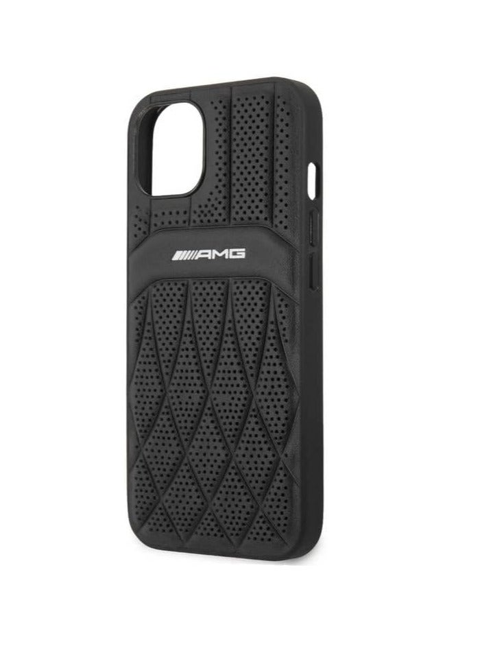 AMG Genuine Leather Case With Perforated Black Leather Curved Lines Hot Stamped With Logo For iPhone 13 (6.1") - Black - Image 1