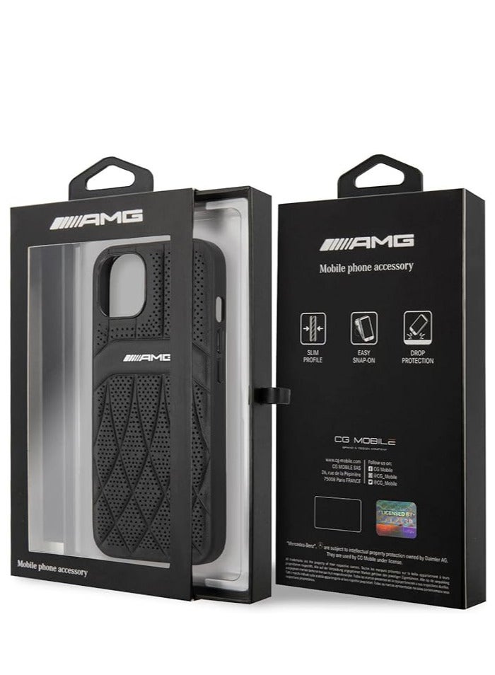 AMG Genuine Leather Case With Perforated Black Leather Curved Lines Hot Stamped With Logo For iPhone 13 (6.1") - Black - Image 4