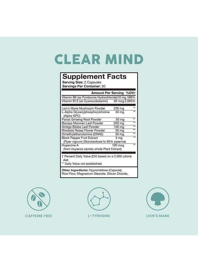 Bloom Nutrition - Clear Mind | Nootropic Brain Booster Supplement with Lions Mane Mushroom, Alpha GPC, Ginseng, Ginkgo Bilboa, & Rhodiola Rosea | Supports Mental Clarity, Memory, & Focus | 60 Capsules - Image 1