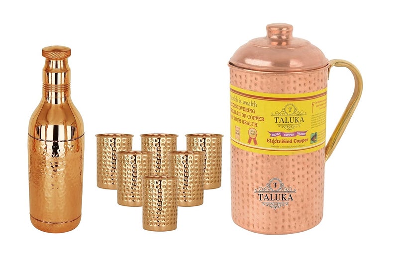 Taluka Set of 8 Copper Hammered Water Bottle 1700 ML Jug with Brass Handle 2000 ML with 6 Glass 300 ML Each Serving Storage Water Good Health Benefit Yoga Ayurveda - Image 1