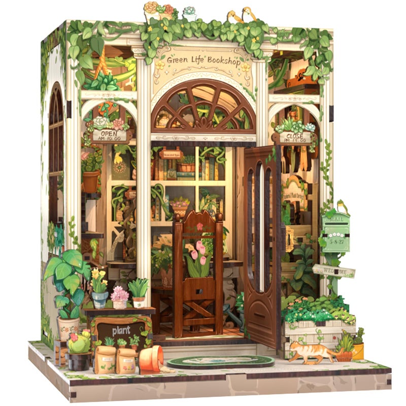 Cutefun Book Nook Kit DIY Miniature Dollhouse Booknook Kit for Adults and Teens 3D Wooden Puzzle Bookshelf Insert Decor with LED Light Gifts for Book Lovers and Beginners Green Life Bookshop - Image 2