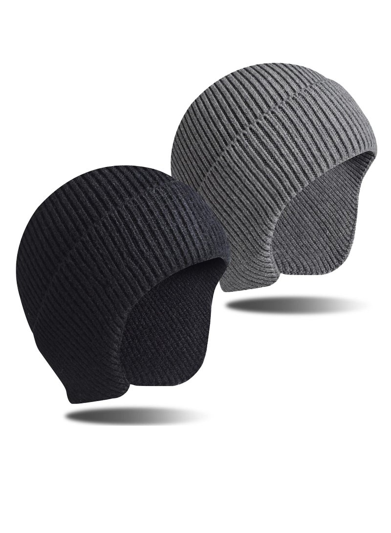 Knit Beanie Hats Winter, 2Pieces Winter Beanie Hat Set, Mens Winter Warm Knitting Hats, Beanie Cuff Toboggan Knit Cap, for Men and Women (Gray+Black)  - Image 1