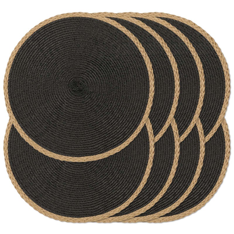 Noctiflorous Round Placemats Set of 8, 15 Inch Braided Hand Woven Table Mats, Heat Resistant Non-Slip Wipeable Thin Edge Place Mats for Kitchen Dining Indoor Outdoor Use(Black, 8) - Image 1