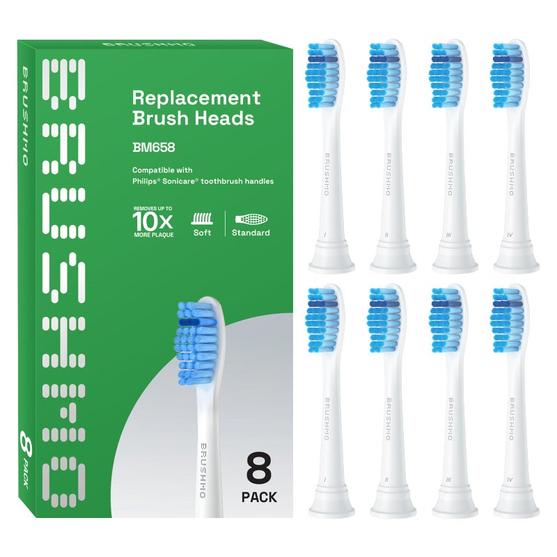Brushmo Gum Care Sensitive Replacement Toothbrush Heads Compatible with Philips Sonicare Clickon Toothbrush Handles 8 Standard Heads Extra Soft Dupont Bristles for Sensitive Teeth BM658 White