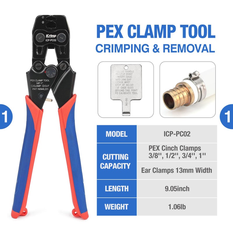 iCrimp PC-PC02KIT PEX Clamp Crimping Tool Kit with 1/2 inch(20 Pack) and 3/4 inch(10 Pack) PEX Clamp Rings, Pipe Cutter for PEX and Automotive Clamp Cinch and Removal - Image 2