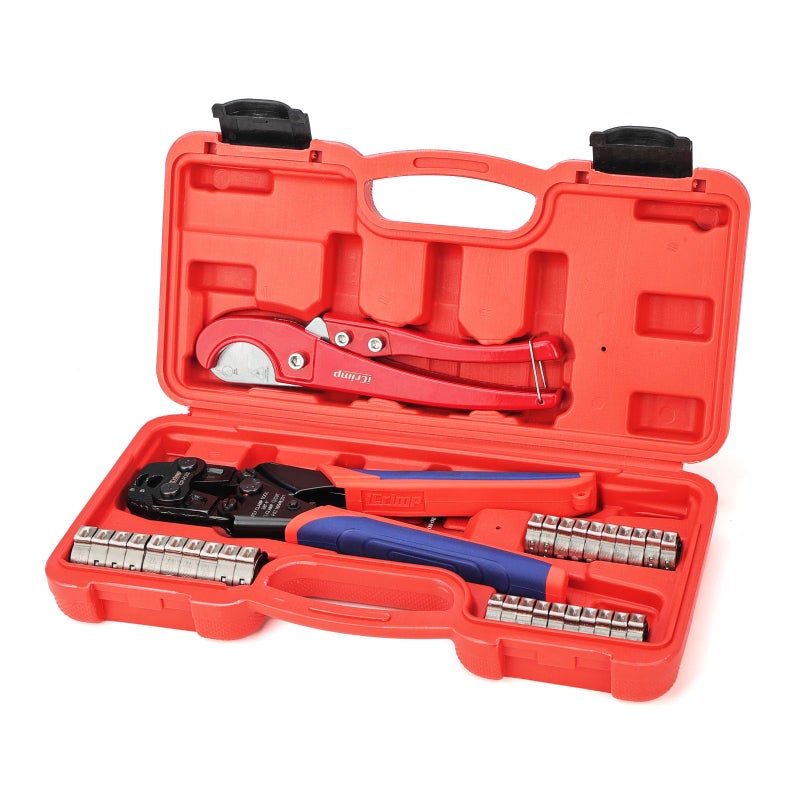 iCrimp PC-PC02KIT PEX Clamp Crimping Tool Kit with 1/2 inch(20 Pack) and 3/4 inch(10 Pack) PEX Clamp Rings, Pipe Cutter for PEX and Automotive Clamp Cinch and Removal - Image 1