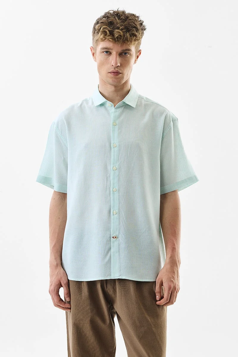 سنيتش Relaxed Fit Linen Blend Stripes Light Green Shirt