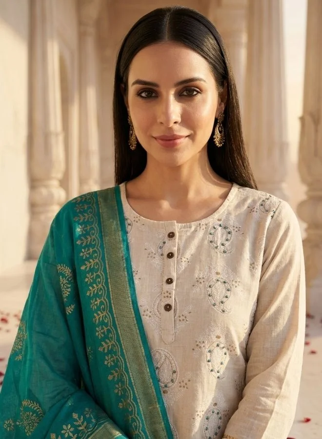 Yuris Yuris Women Beige  Green Printed Kurta with Palazzos  Dupatta