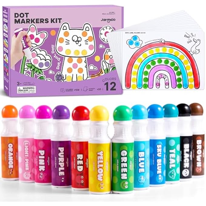 JARMELO WASHABLE DOT MARKERS FOR TODDLERS 1-3, 12 COLORS DOT PAINTS WITH 108 PDF & 20 ACTIVITY PAPERS, NON-TOXIC BINGO PENS FOR TODDLERS 2-4, KIDS ARTS AND CRAFTS SUPPLIES - Image 1