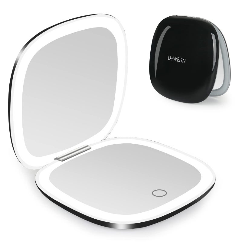 deweisn Compact Mirror, Lighted Travel Makeup Mirror with 1X/10X Magnifying Double Sided Dimmable Portable Pocket Mirror for Handbag, USB Charging(Black) - Image 1
