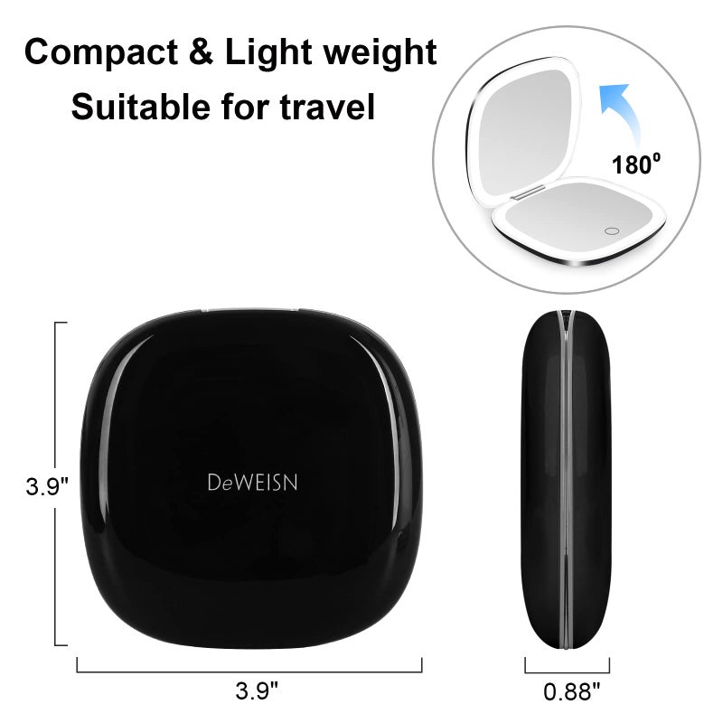 deweisn Compact Mirror, Lighted Travel Makeup Mirror with 1X/10X Magnifying Double Sided Dimmable Portable Pocket Mirror for Handbag, USB Charging(Black) - Image 2