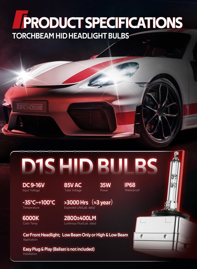 Torchbeam D1S HID Headlight Bulbs, 6000K Cool White, 150% Lighting Distance, Xenon Replacement Bulb, IP67 Design with Metal Stents Base, 5 Years Lifespan, Pack of 2 - Image 2