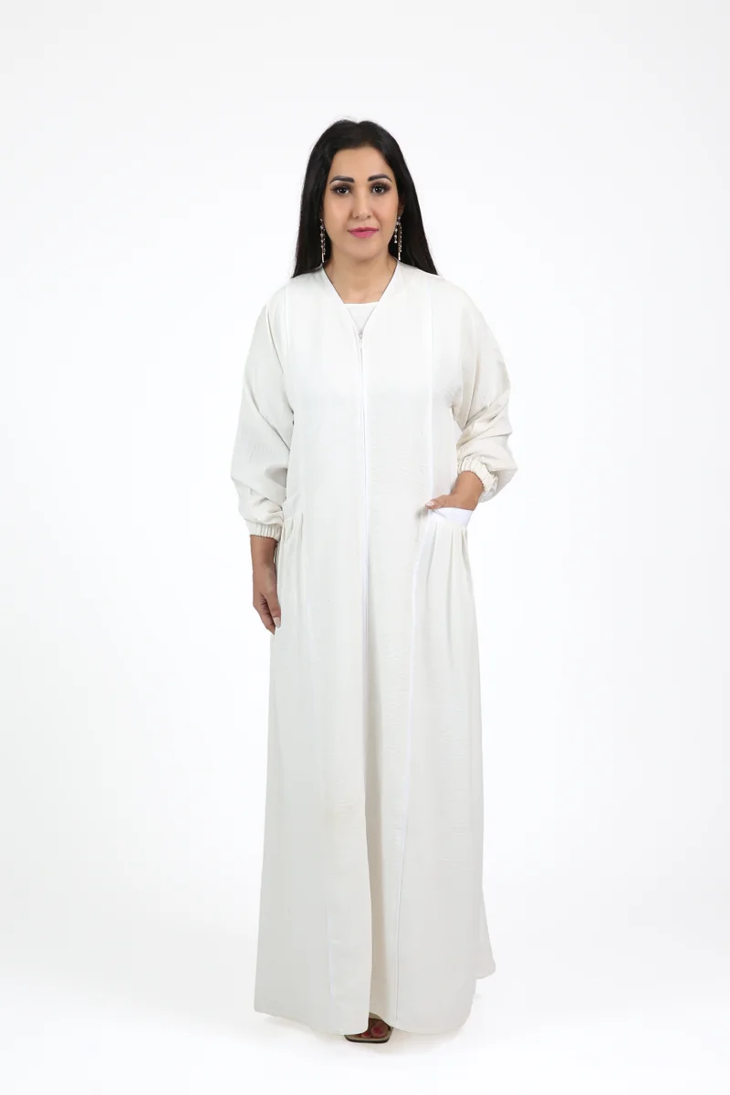 Nikias White American Linen Umrah Abaya with Zipper and Pockets – Fully Covered and Easy to Wear, Includes Matching Sheila