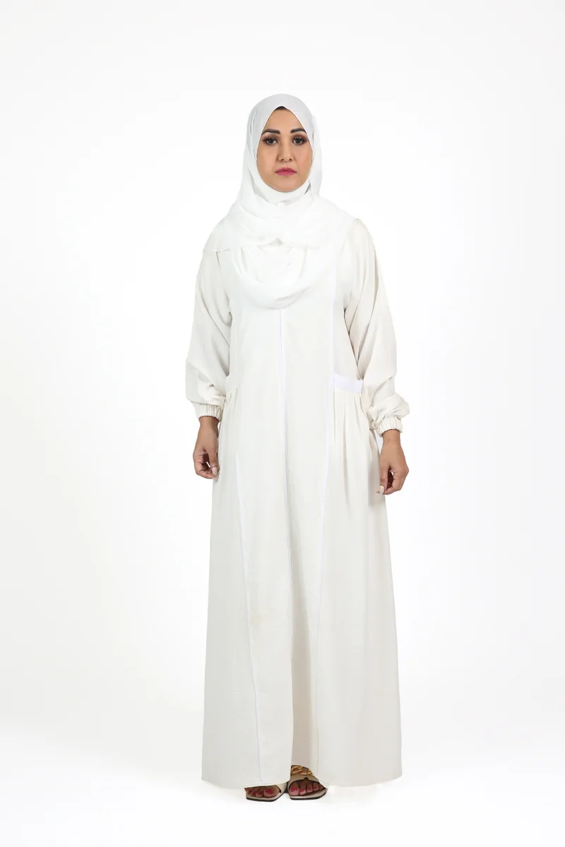 Nikias White American Linen Umrah Abaya with Zipper and Pockets – Fully Covered and Easy to Wear, Includes Matching Sheila