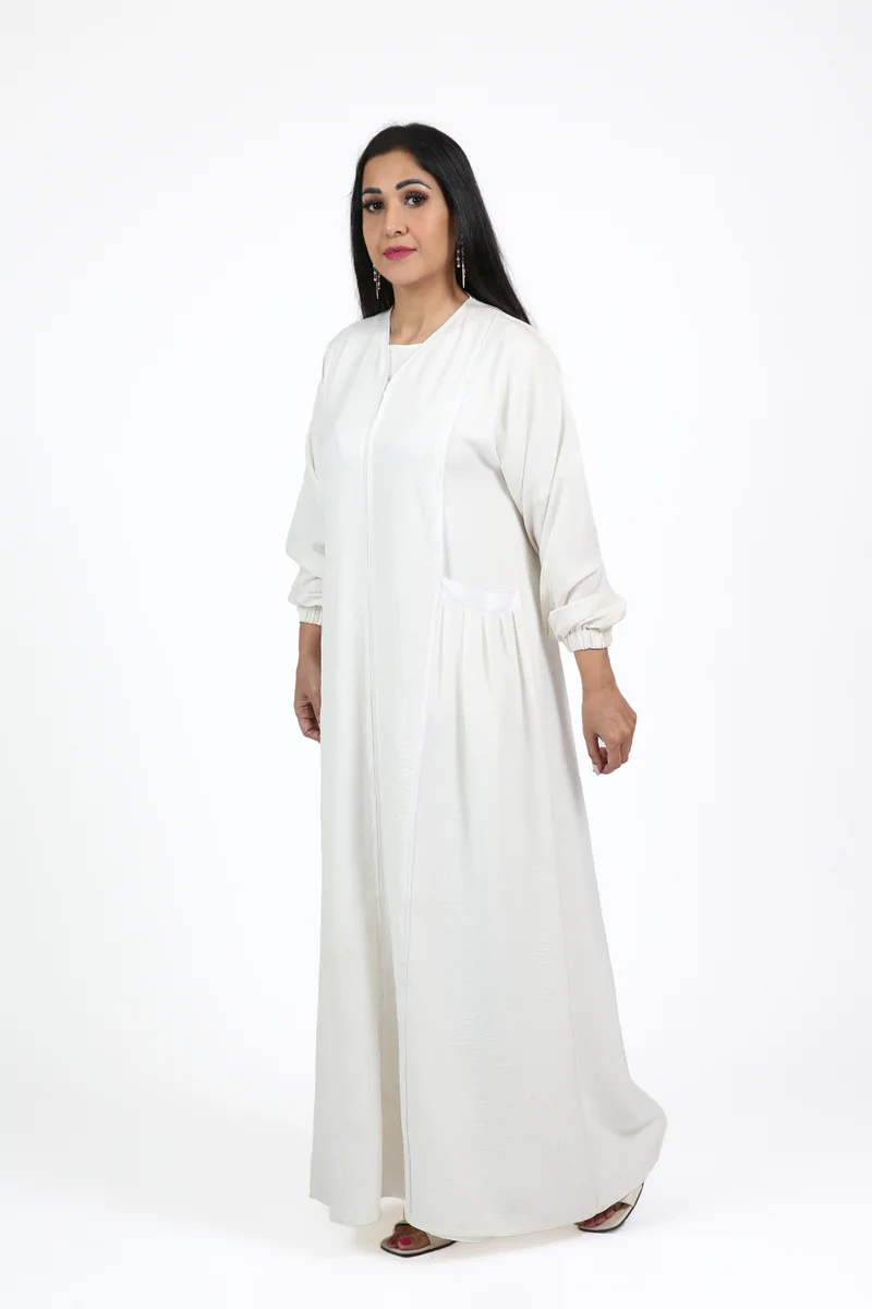 Nikias  White American Linen Umrah Abaya with Zipper and Pockets – Fully Covered and Easy to Wear, Includes Matching Sheila for Women | Best Price UAE