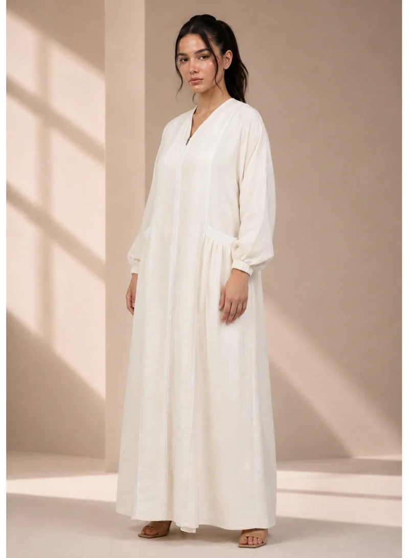 Nikias White American Linen Umrah Abaya with Zipper and Pockets – Fully Covered and Easy to Wear, Includes Matching Sheila