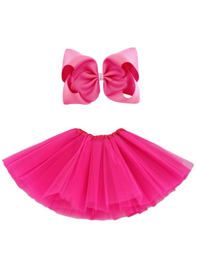 BGFKS 5 Layered Tulle Tutu Skirt for Girls with Hairbow, Ballet Dressing Up Kid Tutu Skirt Hot Pink - Image 1