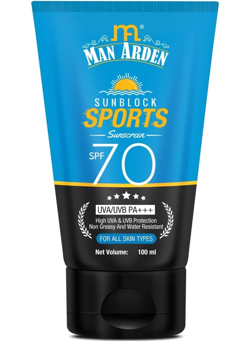 Man Arden Sun Block Sports Sunscreen SPF 70, For All Skin Types, UVA/UVB PA+++, High UVA & UVB Protection Non Greasy And Water Resistant, 100 ml