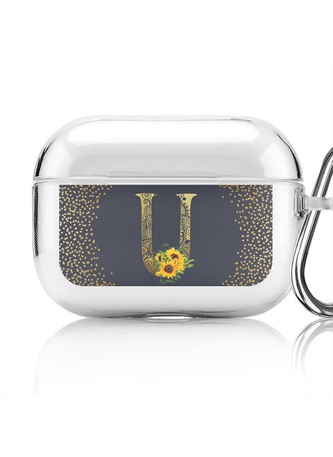 Classic Clear printed Case for Apple Airpods Pro Soft TPU Gel Thin Transparent Flexible Cover - Custom Monogram Initial Letter Mandala Floral Pattern Alphabet - U (Grey )