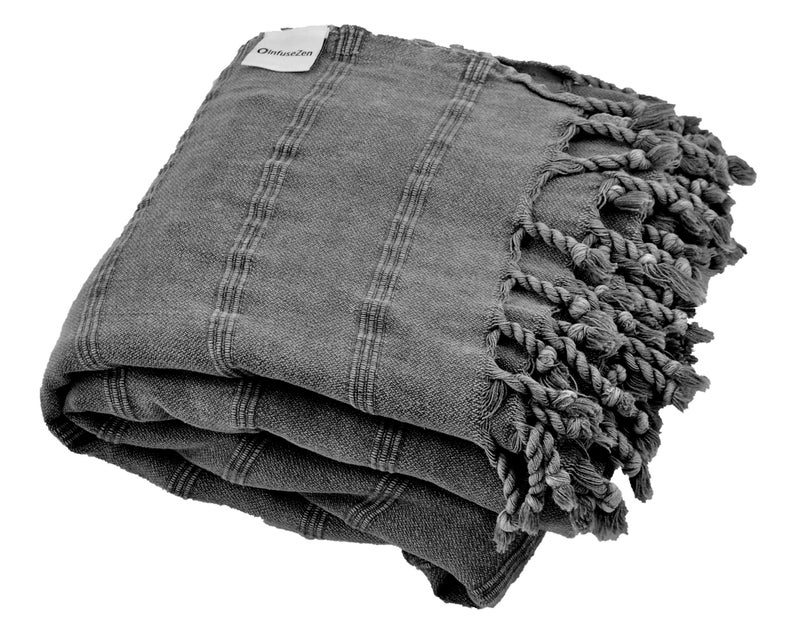 nfuseZen Large Stonewashed Turkish Throw Blanket  100 Organic Turkish Cotton  92 x 69  Soft Lightweight Cozy  Love Seat Sofa Bed Picnic Yoga  Sand Free Beach Blanket  Charcoal Grey