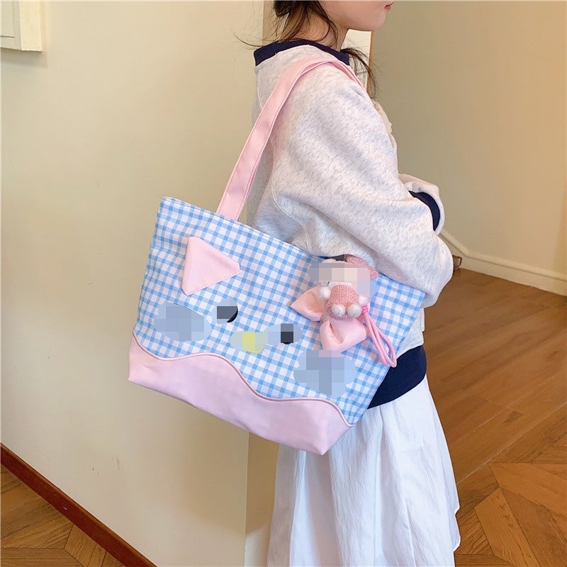 Cute Checkered Cat Print Large Capacity Tote Bag for Women - Image 2