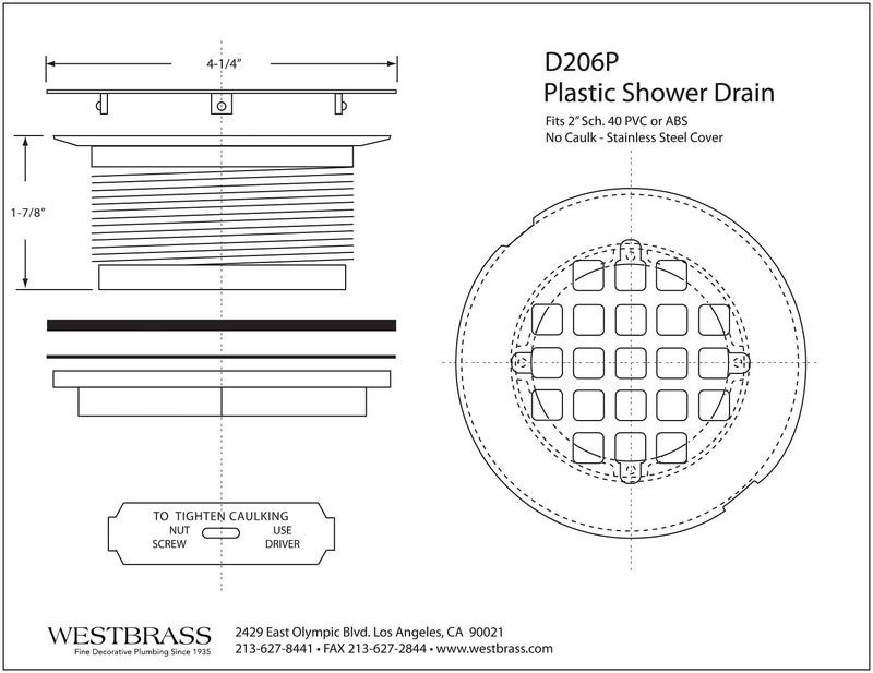 ويست براس Westbrass D206P-07 2 بوصة استنزاف دش مضغوط من مادة PVC مع غطاء شبكي دائري 4-1/4 بوصة من النيكل الساتان - Image 2