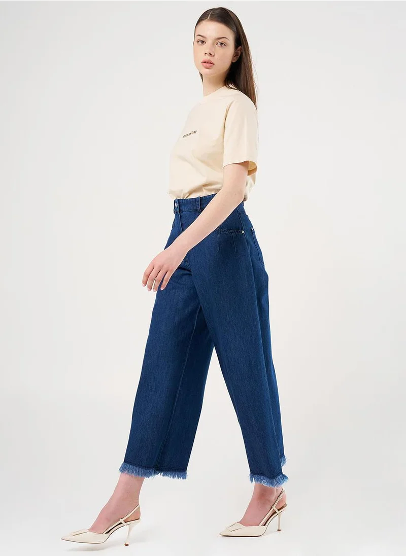 Kayra Distressed High-Waist Denim Pants Navy