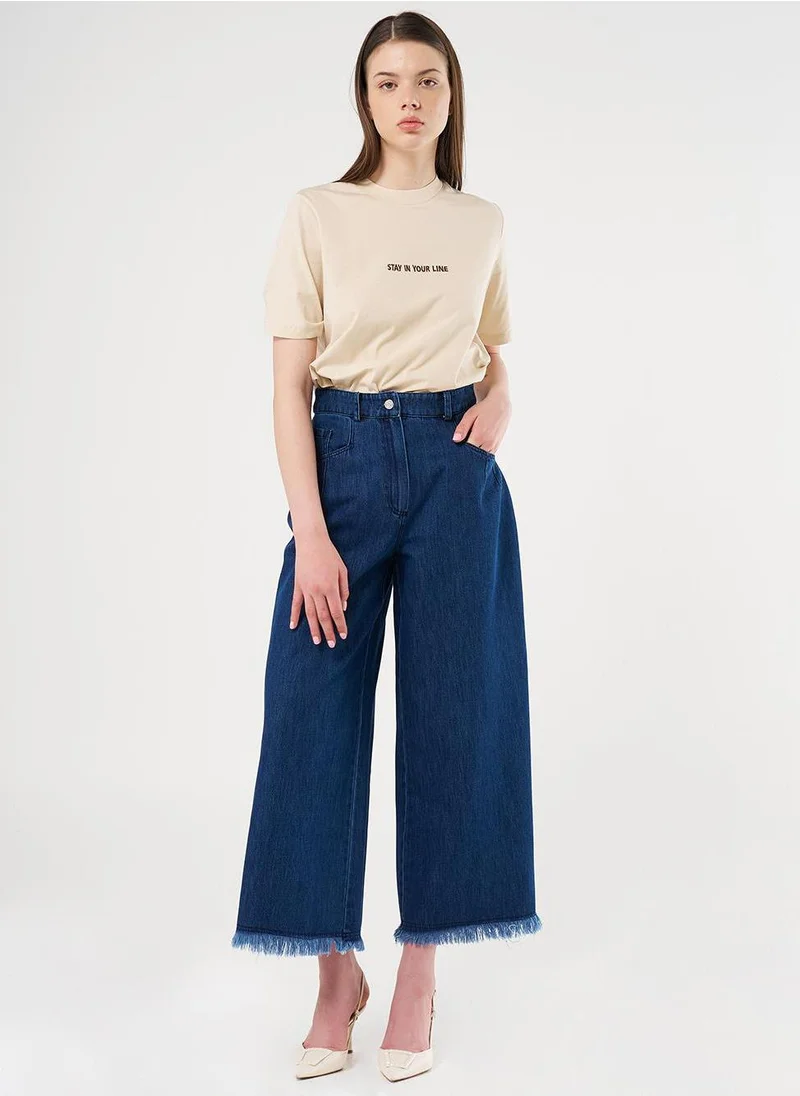 Kayra Distressed High-Waist Denim Pants Navy