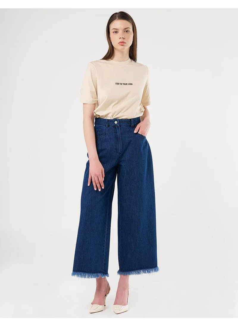 Kayra Distressed High-Waist Denim Pants Navy