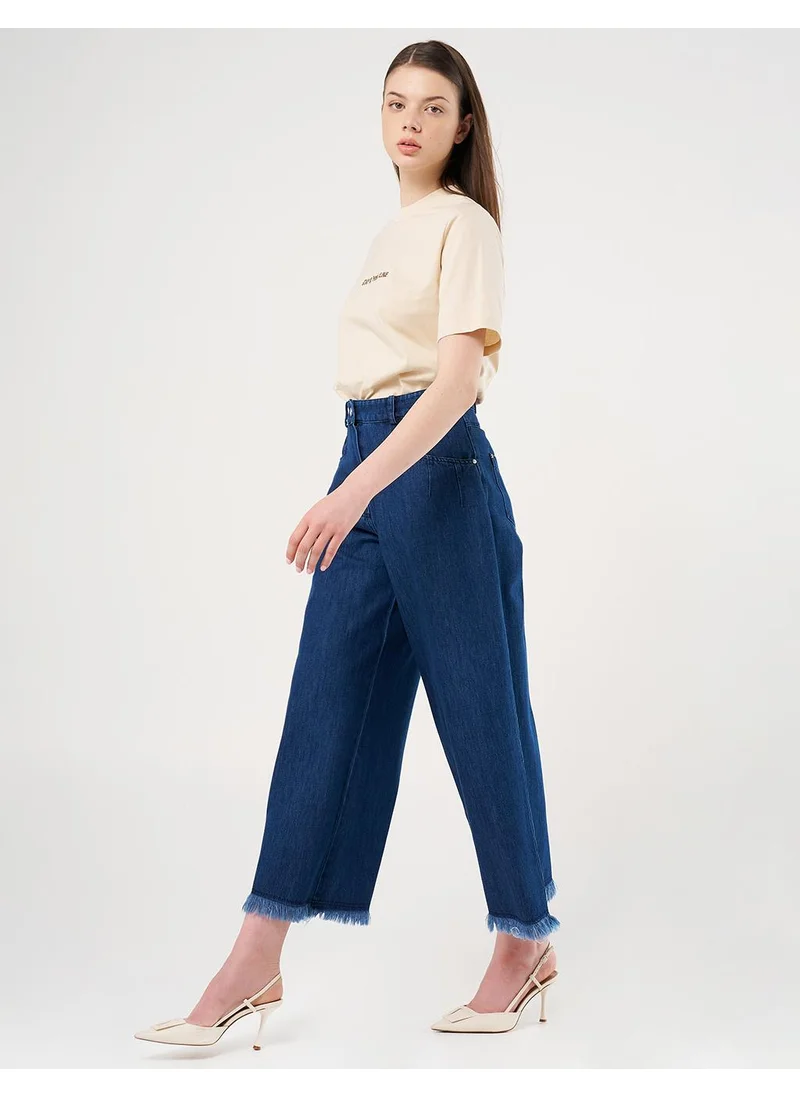 Kayra Distressed High-Waist Denim Pants Navy