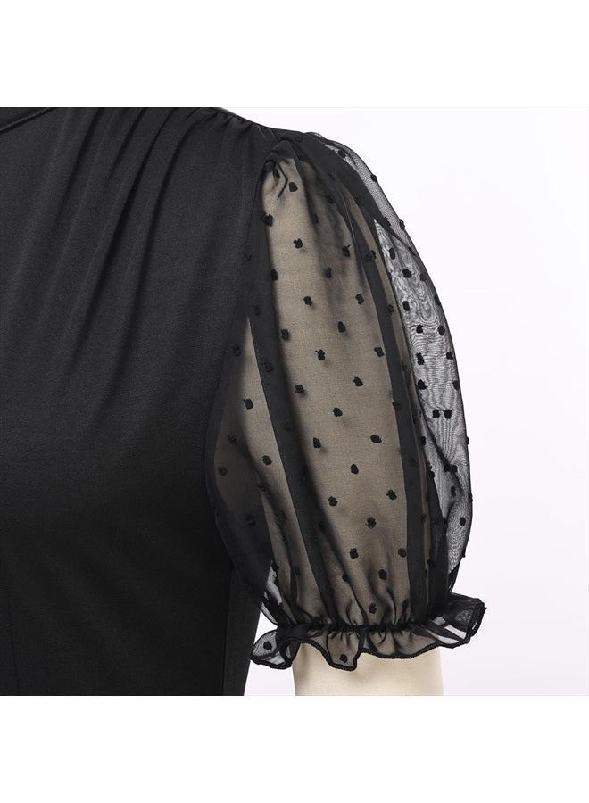 CAMDOM Womens Church Clergy Shirt Tab Collar Tulle Mesh Lantern Short Sleeves Slim Blouse Top Black - Image 2