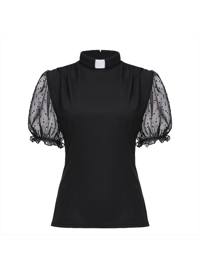 CAMDOM Womens Church Clergy Shirt Tab Collar Tulle Mesh Lantern Short Sleeves Slim Blouse Top Black - Image 1
