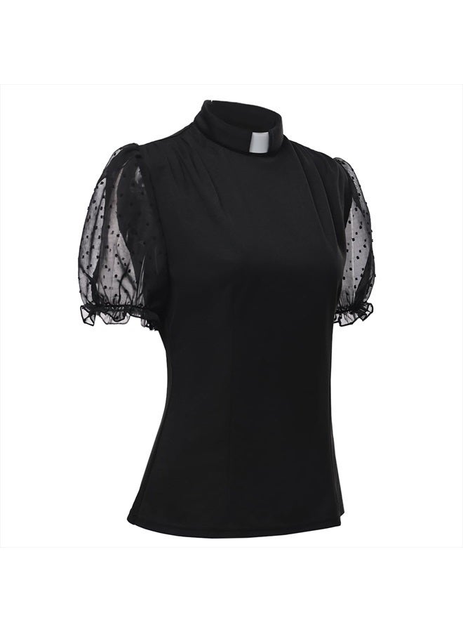 CAMDOM Womens Church Clergy Shirt Tab Collar Tulle Mesh Lantern Short Sleeves Slim Blouse Top Black - Image 5