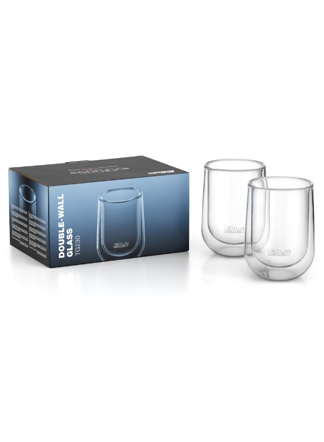 Feller Germany TG230 Double-Wall Glasses Set of 2, 230ml Insulated Borosilicate Tumblers for Coffee, Tea, Water & Juice, Keeps Drinks Hot & Cold, Thermal Shock Resistant, BPA-Free - Image 1