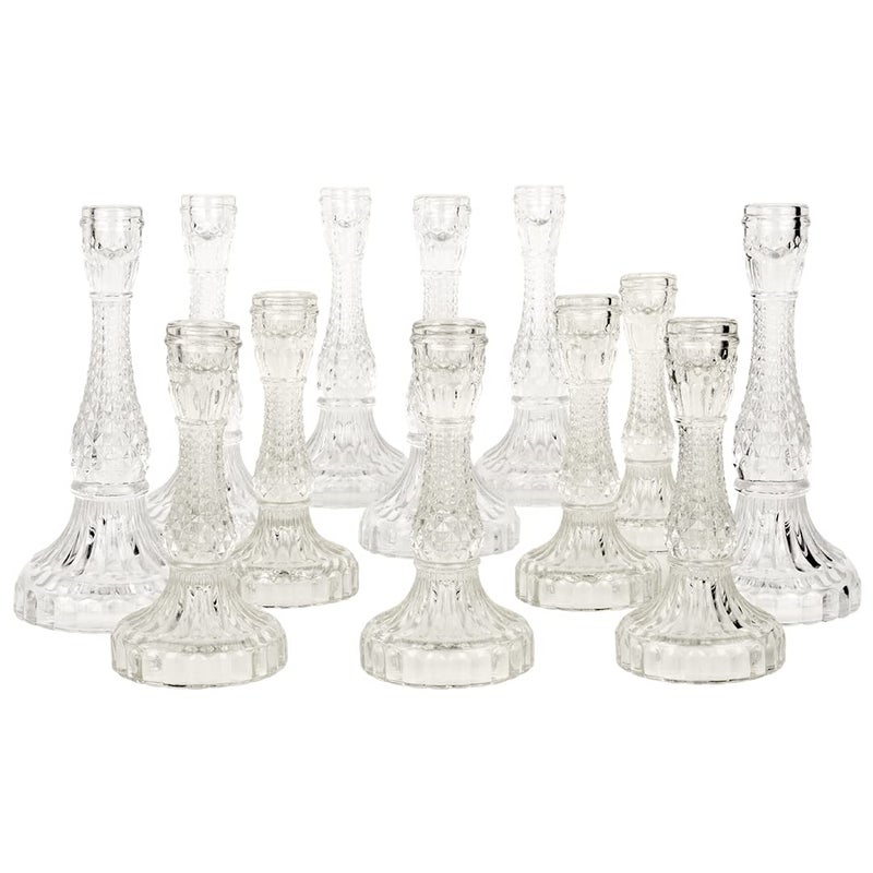 Koyal Wholesale Distressed Vintage Glass Taper Candle Holders Assorted Sizes Clear 12 Pack