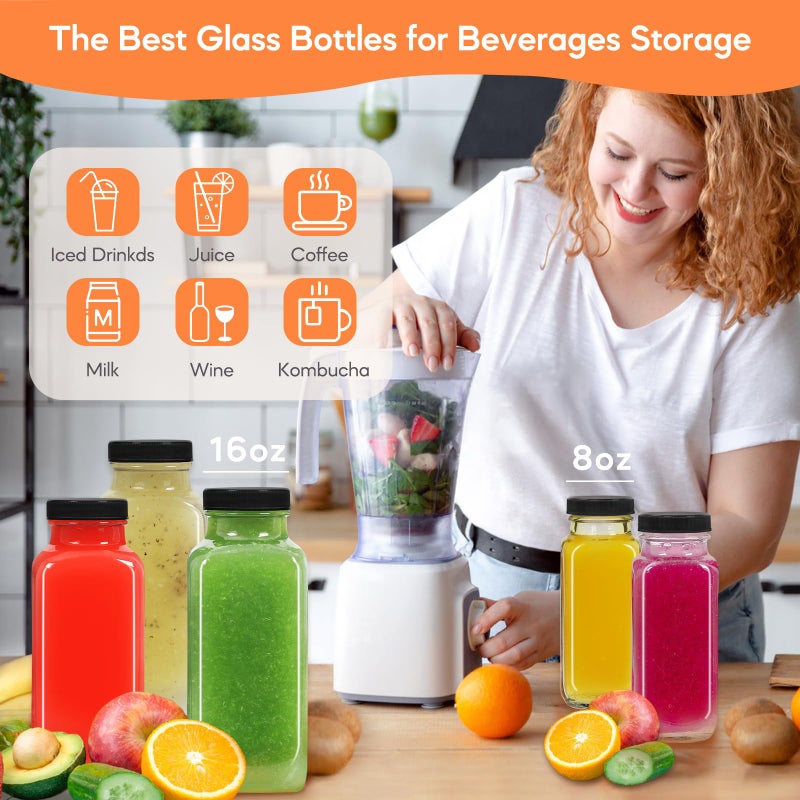 STARSIDE 12 oz Glass Juice Bottles with Lids 12 Pack - Square Reusable Drinking Jars for Juicing, Milk, Kombucha - Includes 1 Bottle Brush, 12 Colored Labels - Image 3
