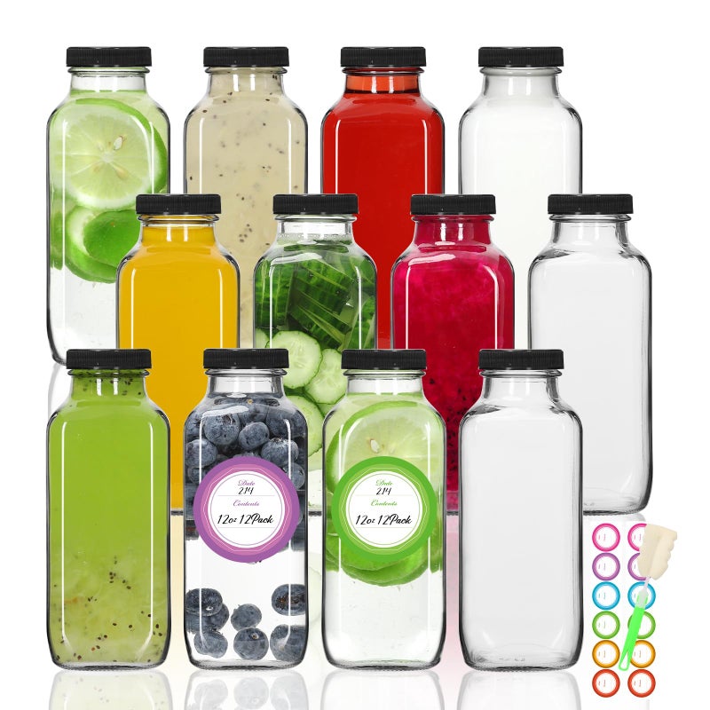 STARSIDE 12 oz Glass Juice Bottles with Lids 12 Pack - Square Reusable Drinking Jars for Juicing, Milk, Kombucha - Includes 1 Bottle Brush, 12 Colored Labels - Image 1