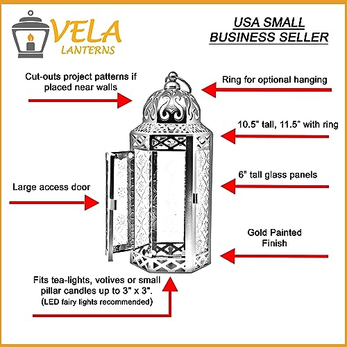 VELA LANTERNS 10.5" Gold Moroccan Candle Lantern Decorative Candle Holder Lamp for Table or Hanging, Ramadan Decorations, Indoor Home Decor, Outdoor Patio or Porch, Weddings, Amber Glass, Medium - Image 4