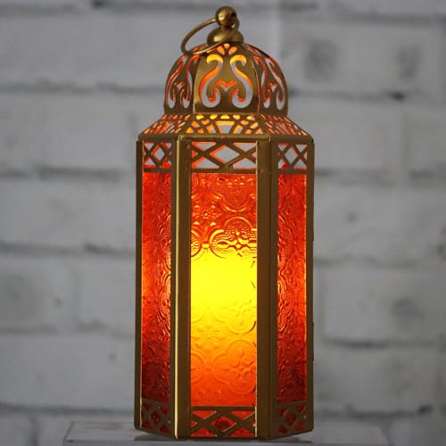 VELA LANTERNS 10.5" Gold Moroccan Candle Lantern Decorative Candle Holder Lamp for Table or Hanging, Ramadan Decorations, Indoor Home Decor, Outdoor Patio or Porch, Weddings, Amber Glass, Medium - Image 2