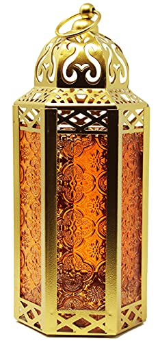 VELA LANTERNS 10.5" Gold Moroccan Candle Lantern Decorative Candle Holder Lamp for Table or Hanging, Ramadan Decorations, Indoor Home Decor, Outdoor Patio or Porch, Weddings, Amber Glass, Medium - Image 1