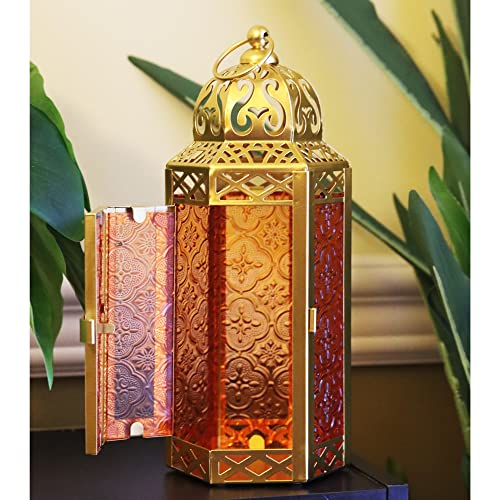 VELA LANTERNS 10.5" Gold Moroccan Candle Lantern Decorative Candle Holder Lamp for Table or Hanging, Ramadan Decorations, Indoor Home Decor, Outdoor Patio or Porch, Weddings, Amber Glass, Medium - Image 5