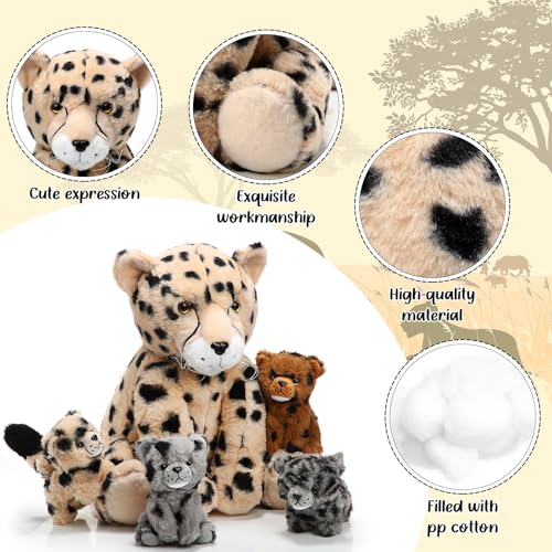 Silipull 5 Pcs Cheetah Stuffed Animals Set Large Mommy Cheetah Plush with 4 Soft Cuddly Baby Cubs in Her Tummy for Boys Girls Birthday Graduation Gifts Forest Party Decors(Sitting Style) - Image 5