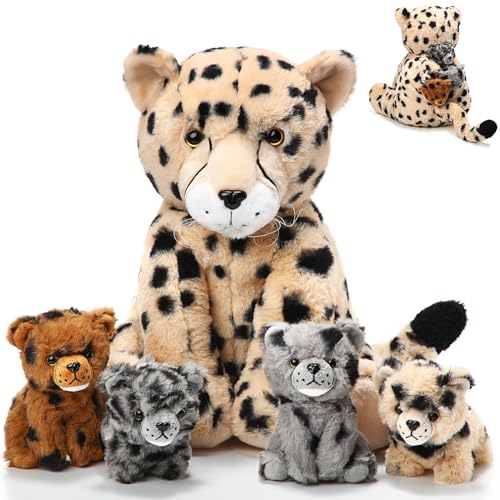 Silipull 5 Pcs Cheetah Stuffed Animals Set Large Mommy Cheetah Plush with 4 Soft Cuddly Baby Cubs in Her Tummy for Boys Girls Birthday Graduation Gifts Forest Party Decors(Sitting Style) - Image 1